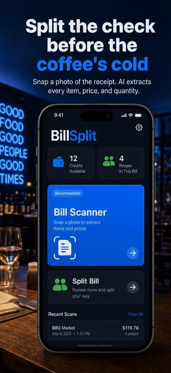 Receipt splitter app BillSplit with the AI bill scanner ready to photograph a restaurant receipt