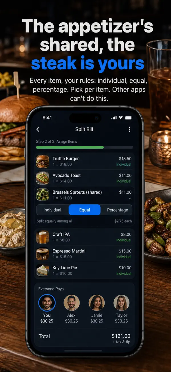 BillSplit acting as a bill split calculator: items assigned per person, a shared dish split equally, and per-person totals with tax and tip