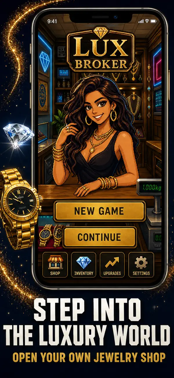 Lux Broker pawn shop tycoon game main menu — open your own luxury jewelry shop on iPhone