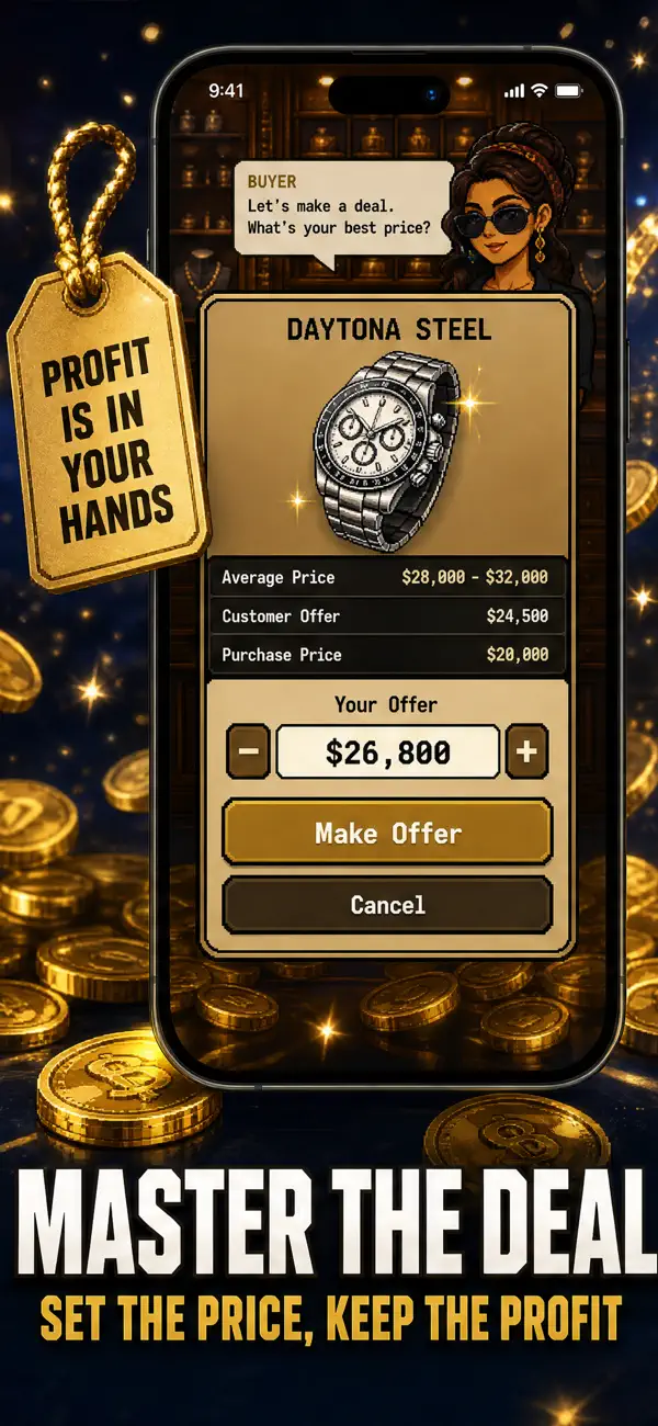 Making a counter-offer on a steel chronograph watch in Lux Broker — set the price, keep the profit