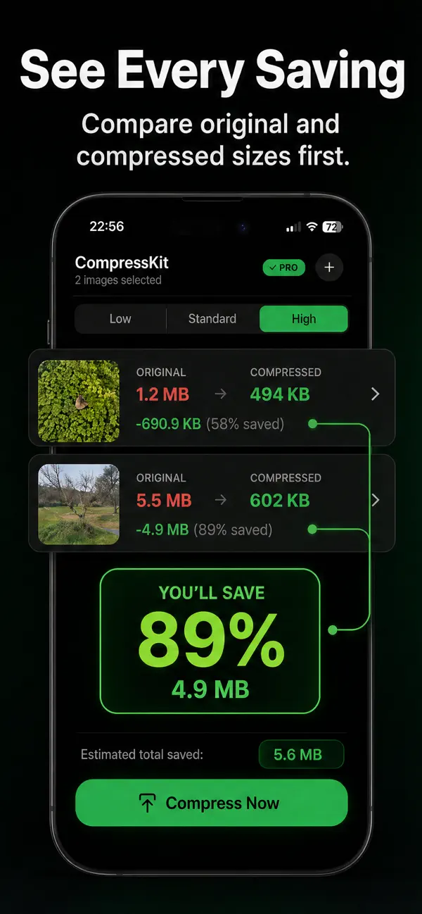 Comparing original and compressed file sizes in SwipeClean before compressing, with low, standard, and high compression levels