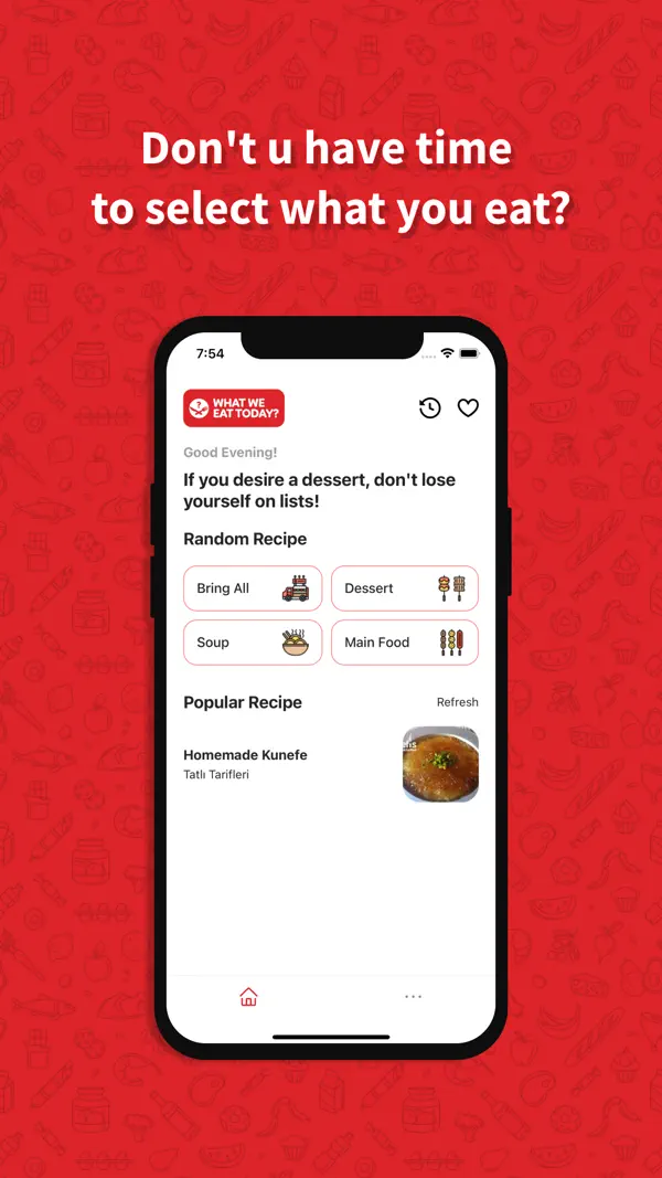 What Cook Today home screen answering the what should I make for dinner question with one-tap random recipes by category