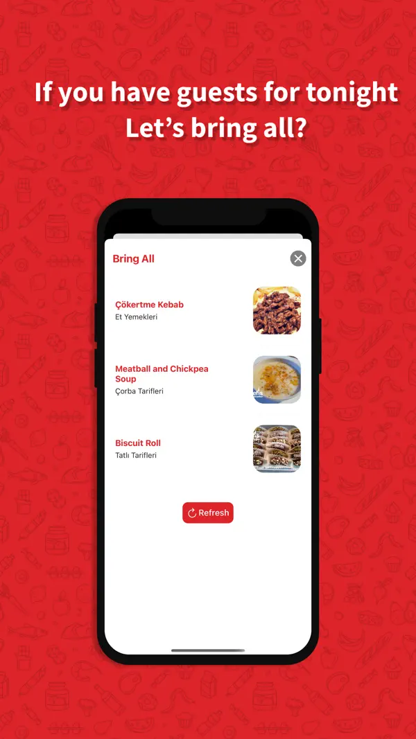 Bring All in What Cook Today acting as a random recipe generator for a full dinner menu with kebab, soup, and dessert
