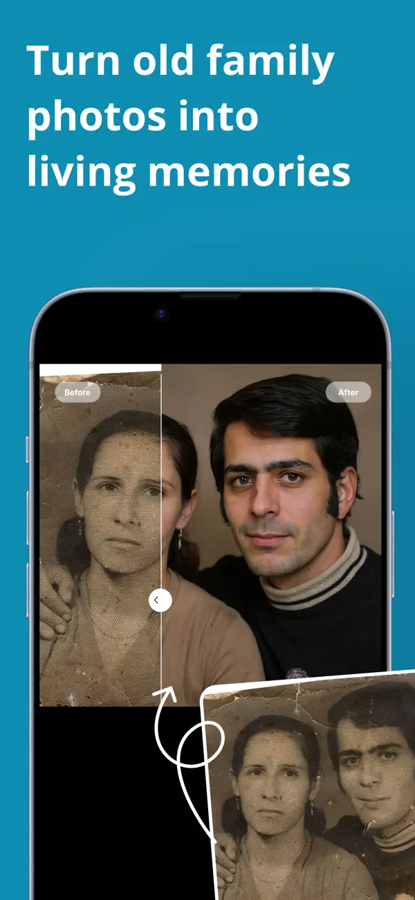 Before and after of an old damaged family photo restored with the Refect AI photo restoration app