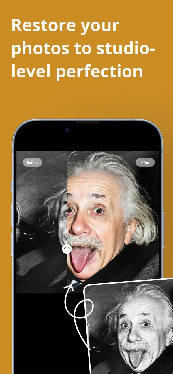 A black and white portrait colorized with the Refect app, shown as a before and after slider