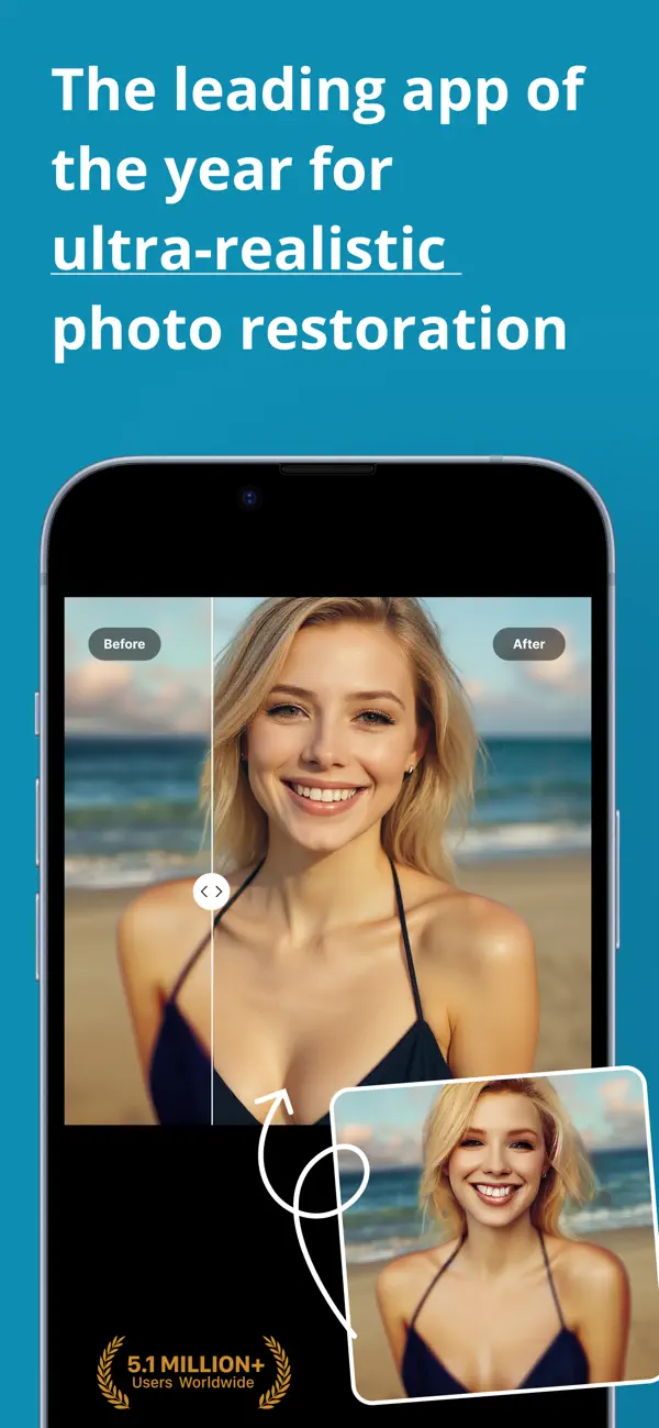 A soft, faded portrait sharpened to full clarity with the Refect AI enhancer on iPhone